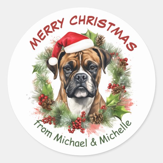 Bokser Hond Kerstmis Rode bessen krans Ronde Sticker (Voorkant)
