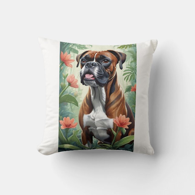 Bokser Hond met Bloemen Decoratief Kussen (Voorkant)