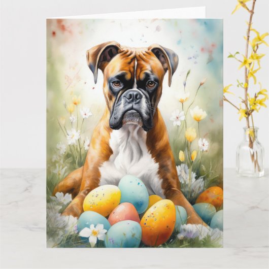 Bokser Hond met Paaseieren Vakantie Kaart (Gele Bloem)