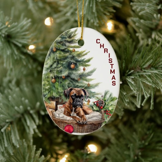 Bokser Hond Rieten Mand Kerstmis Keramisch Ornament (Boom)