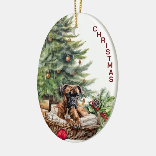 Bokser Hond Rieten Mand Kerstmis Keramisch Ornament (Links)