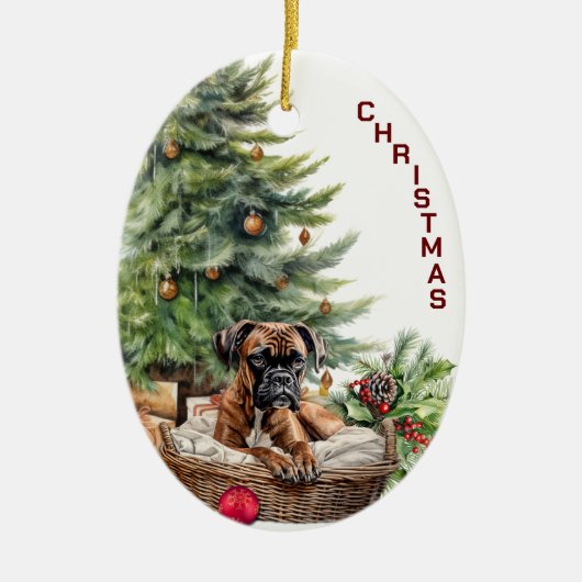 Bokser Hond Rieten Mand Kerstmis Keramisch Ornament (Voorkant)