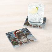 Bokser Hond Rijden Motorfiets Kerstmis Glazen Onderzetter (Schuin)