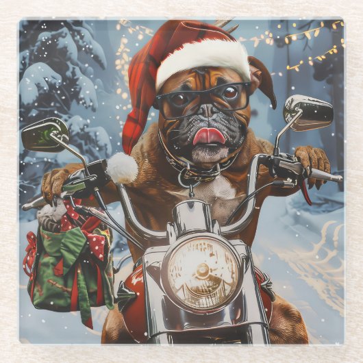 Bokser Hond Rijden Motorfiets Kerstmis Glazen Onderzetter (Voorkant)