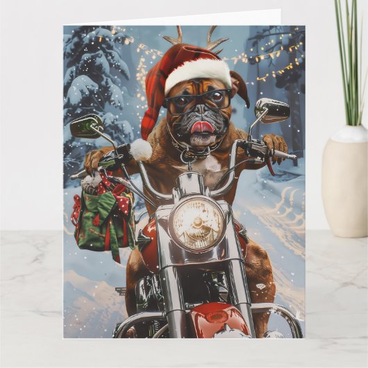 Bokser Hond Rijden Motorfiets Kerstmis Kaart (Voorkant)