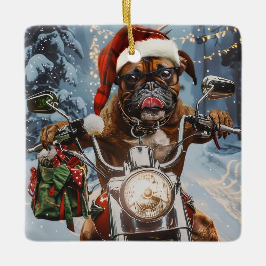 Bokser Hond Rijden Motorfiets Kerstmis Keramisch Ornament (Voorkant)
