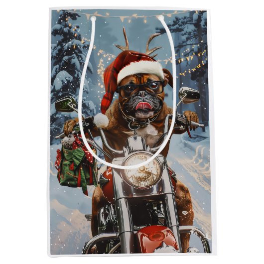 Bokser Hond Rijden Motorfiets Kerstmis Medium Cadeauzakje (Voorkant)