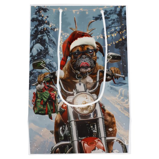 Bokser Hond Rijden Motorfiets Kerstmis Medium Cadeauzakje (Achterkant)