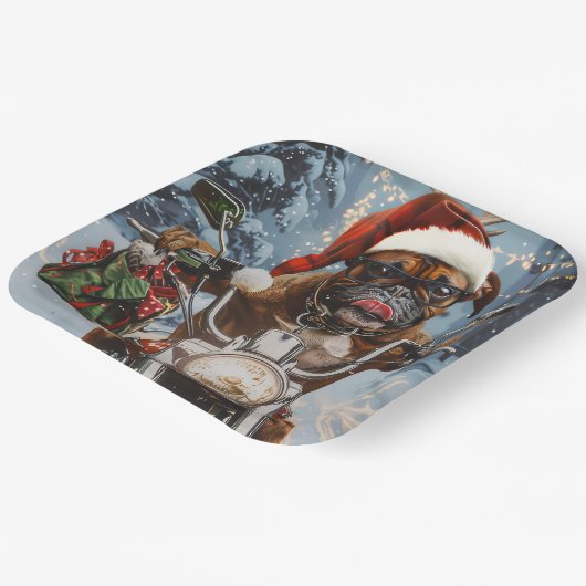 Bokser Hond Rijden Motorfiets Kerstmis Papieren Bordje (Gebogen)
