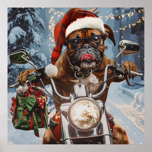 Bokser Hond Rijden Motorfiets Kerstmis Poster (Voorkant)