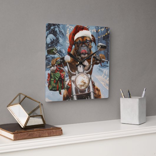 Bokser Hond Rijden Motorfiets Kerstmis Vierkante Klok (Kantoor)