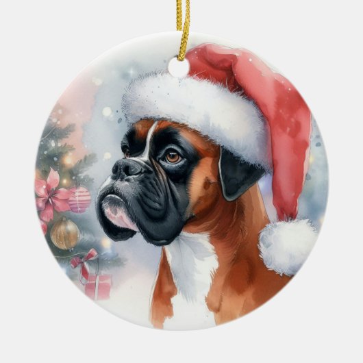Bokser Hond Santa Hat Kerstmis Keramisch Ornament (Voorkant)
