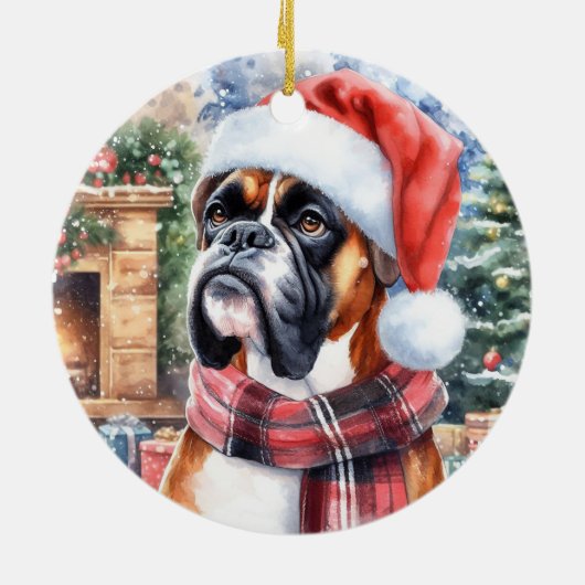 Bokser Hond Sjaal en Santa Hat Kerstmis Keramisch Ornament (Achterkant)