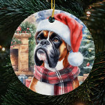 Bokser Hond Sjaal en Santa Hat Kerstmis Keramisch Ornament<br><div class="desc">Verhoog uw vakantie-inrichting met onze charmante Boxer Dog Scarf en Santa Hat Keramische Ornament, met een schattige weergave van uw geliefde hoektand getooid in een feestelijke sjaal en Santa hat. Dit unieke ornament voegt een vleugje gezelligheid en vakantiedrang toe aan uw kerstboom en laat de levendige essentie van het Boxerras...</div>