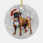 Bokser hond verpakt in kerstverlichting keramisch ornament (Voorkant)