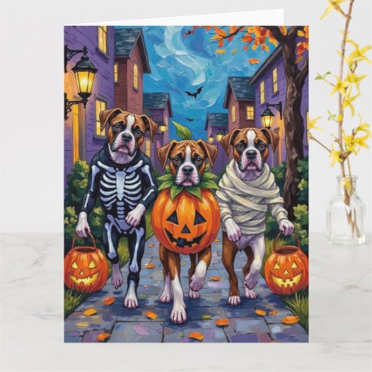 Bokser Honden Trick-or-Treating in Halloween Kostu Kaart (Gele Bloem)