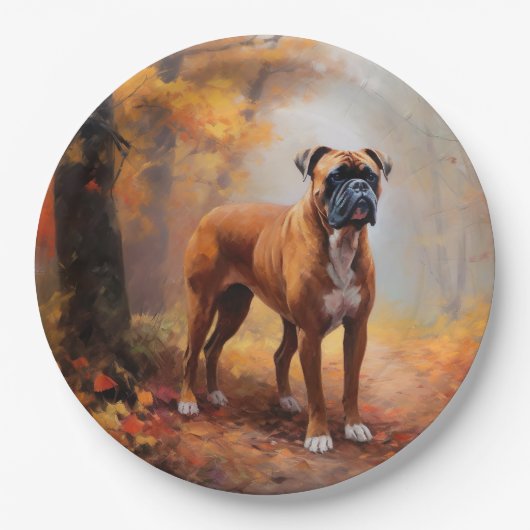 Bokser in Herfstbladeren Herfst Inspire Papieren Bordje (Voorkant)