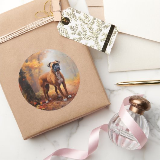 Bokser in Herfstbladeren Herfst Inspire Ronde Sticker (Geschenken)