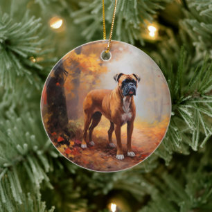 Bokser in herfstbladeren laat zich inspireren keramisch ornament