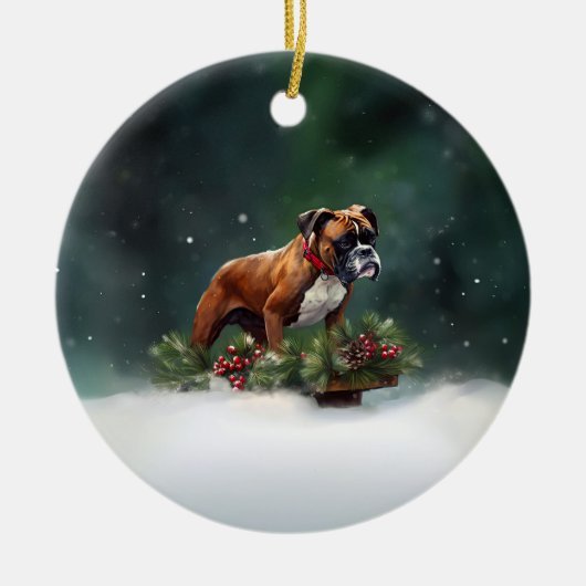 Bokser Kerstmis sneeuw winter Keramisch Ornament (Voorkant)