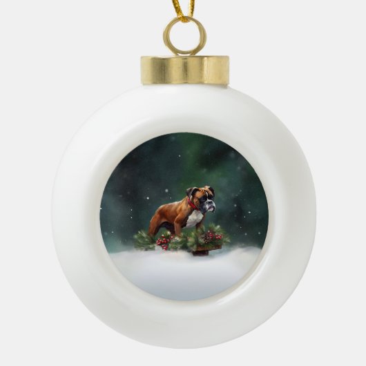 Bokser Kerstmis sneeuw winter Keramische Bal Ornament (Voorkant)