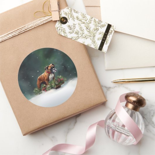 Bokser Kerstmis sneeuw winter Ronde Sticker (Geschenken)