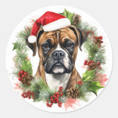 Bokser Santa Hat Pine Cone Holly Kerstkrans Ronde Sticker (Voorkant)