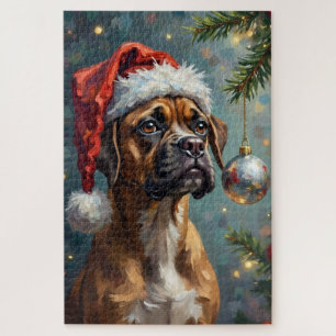 Bokser speelt met Kerstmis Legpuzzel
