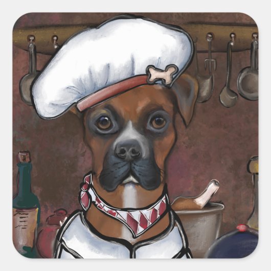 BOKSERHOND KOKEN VIERKANTE STICKER (Voorkant)