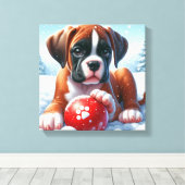Bokserpuppy spelen in de sneeuw met een rode Speel Canvas Afdruk (Insitu (Houten vloer))