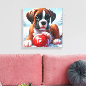 Bokserpuppy spelen in de sneeuw met een rode Speel Canvas Afdruk (Insitu (Woonkamer))