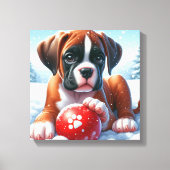 Bokserpuppy spelen in de sneeuw met een rode Speel Canvas Afdruk (Voorkant)