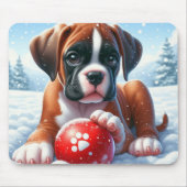Bokserpuppy spelen met een rode bal in de winter muismat (Voorkant)