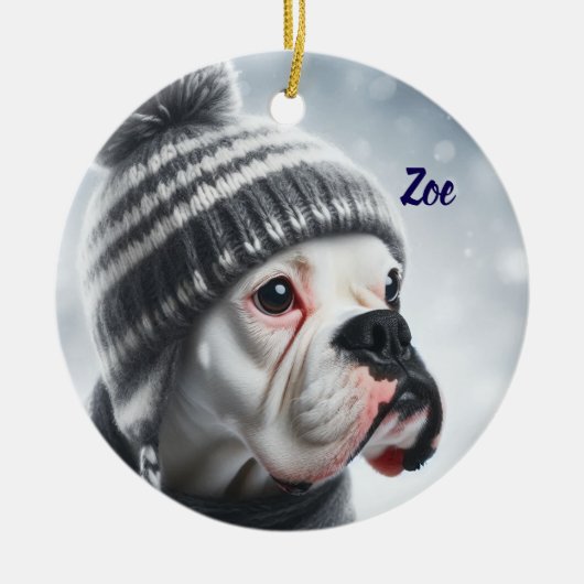 Boksershond in de winter keramisch ornament (Voorkant)