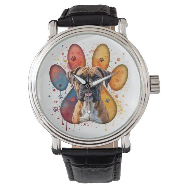 Boksershond in Waterverf Pawprint Horloge (Voorkant)