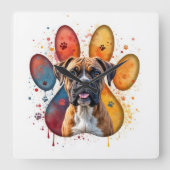 Boksershond in Waterverf Pawprint Vierkante Klok (Voorkant)