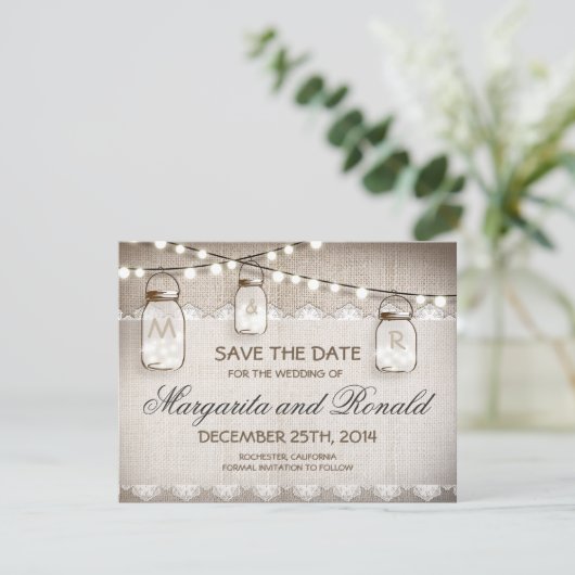 bolap en mason jar slaan datumkaarten op save the date (Staand voorkant)