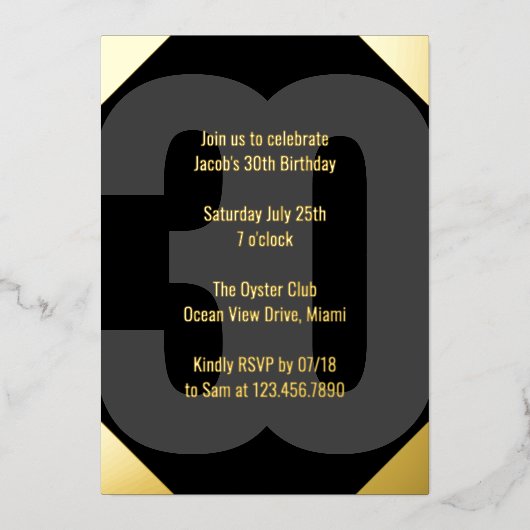 Bold 30th Birthday Luxe Zwart en Goud Folie Uitnodiging (Voorkant)