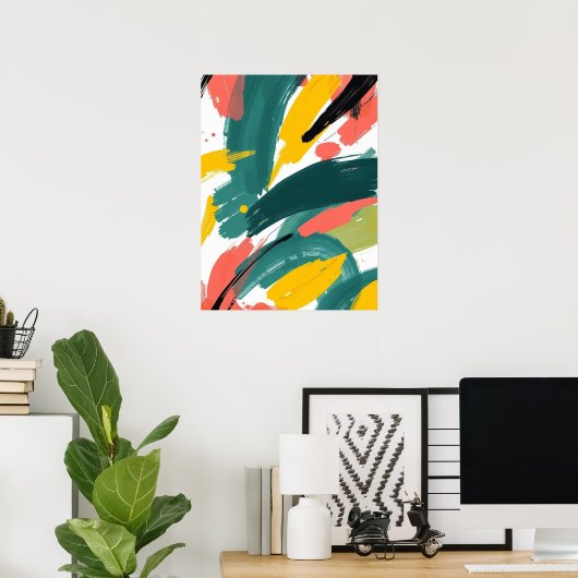 Bold Abstract Strokes Art: Teal & Yellow Poster (Thuiskantoor)