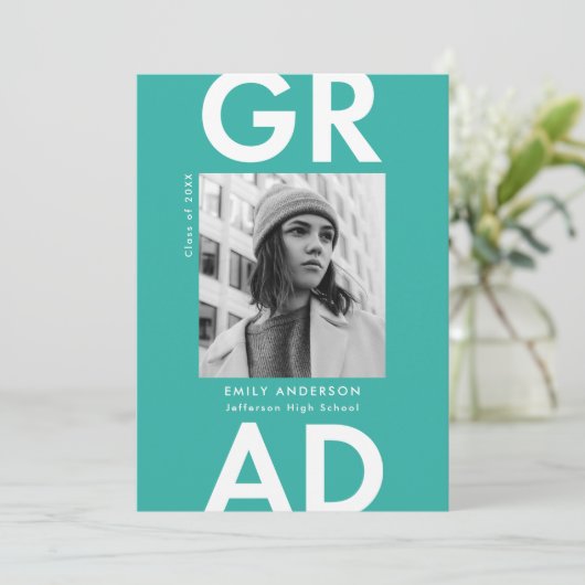 Bold Afstudeerder Turquoise Fotogradatie Partij Kaart (Staand voorkant)