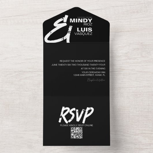 BOLD AMPERSAND Grunge Black Wedding All In One Uitnodiging (Binnen)