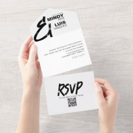 BOLD AMPERSAND Grunge Black White Wedding All In One Uitnodiging