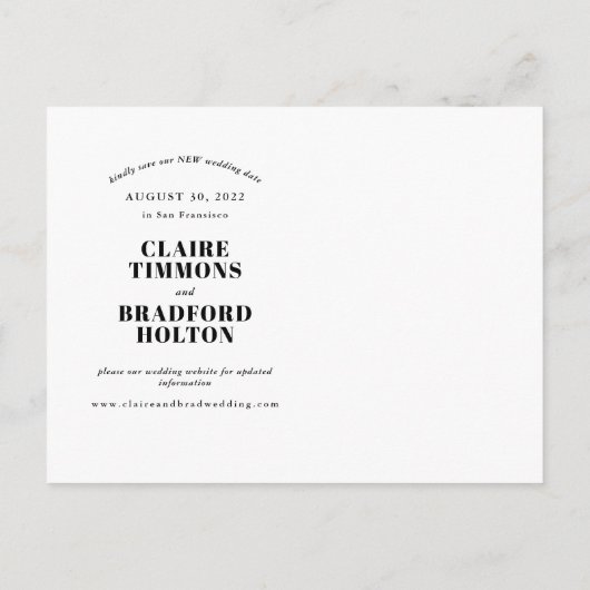 Bold and Cheeky Typographic Wedding Postponed Aankondigingskaart (Achterkant)