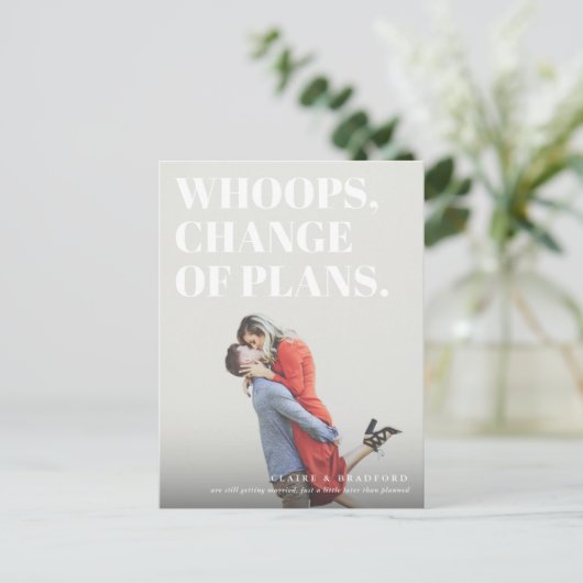 Bold and Cheeky Typographic Wedding Postponed Aankondigingskaart (Staand voorkant)