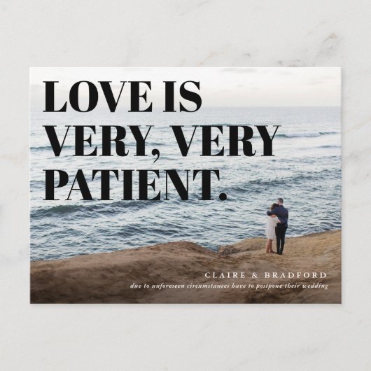 Bold and Cheeky Typographic Wedding Postponed Aankondigingskaart (Voorkant)