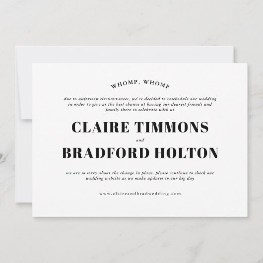 Bold and Cheeky Typographic Wedding Postponement Aankondiging (Achterkant)