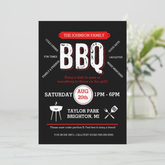 Bold BBQ Picnic Invitation, Barbecue Invite Kaart (Staand voorkant)
