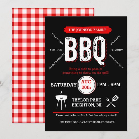 Bold BBQ Picnic Invitation, Barbecue Invite Kaart (Voorkant / Achterkant)