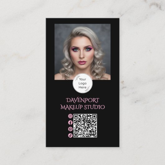 Bold Black and Blush Pink Social Icon QR Code Visitekaartje (Voorkant)