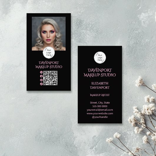 Bold Black and Blush Pink Social Icon QR Code Visitekaartje